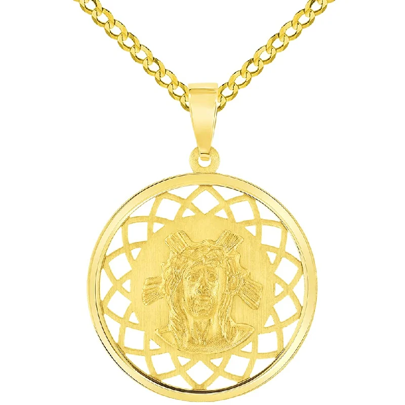 14k Yellow Gold Holy Face of Jesus Christ On Round Open Ornate Miraculous Medal Pendant with Cuban Chain Curb Necklace