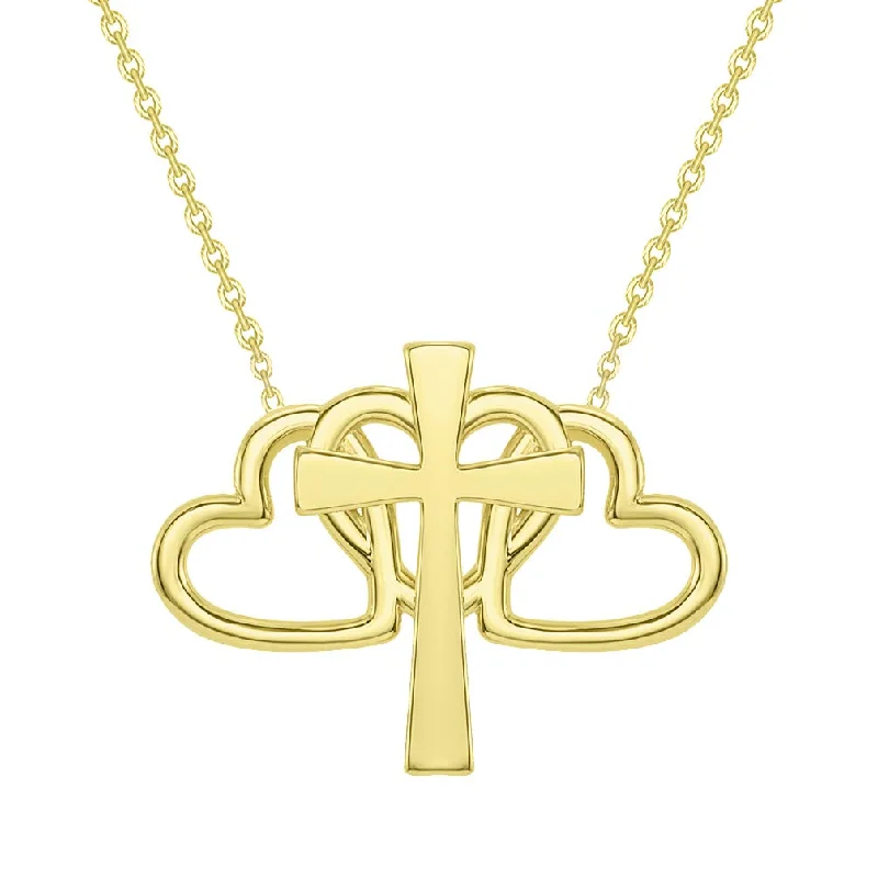 14k Yellow Gold Triple Heart Religious Cross Necklace with Lobster Claw Clasp (16" to 18" Adjustable Chain)