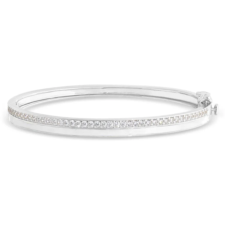 Platinum Finish Sterling Silver Micropave Hinged Bangle Bracelet with with White Enamel and Simulated Diamonds