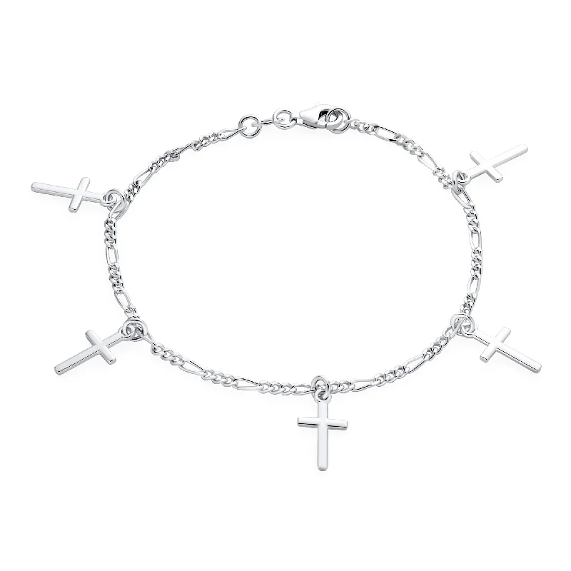 Religious Multi Charm Dangling Cross Bracelet Communion .925 Silver 7"